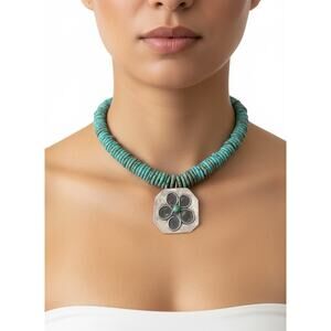 Kingman Turquoise Graduated Disc Button Beads And Sterling Silver Flower Charm